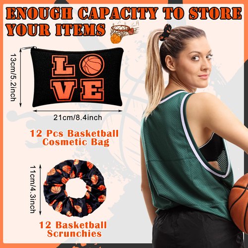 24 Basketball Stuff Set Cosmetic Bags Sport Makeup Bags Pencil Case Portable Storage Case Satin Sport Hair Scrunchies Elastic Hair Bands Basketball Gifts Basketball Accessories for Girl (Black, Love)