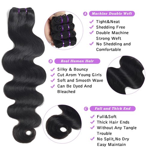 Vallbest 3 Bundles Body Wave Bundles Human Hair 16 18 20 Inches 16A 100% Unprocessed Virgin Weave Bundles Human Hair Extensions Quick Weave Natural Black Color For Black Women
