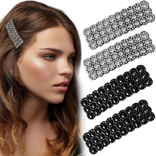 HINZIC 4Pcs Rhinestone Snap Hair Clips Shining Crystal Clips Rectangular Hairpins Korean Barrettes Hair Accessories for Party Wedding Daily Girls Hair Decorative Black+Sliver