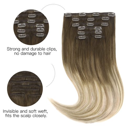HOTBANANA Human Hair Clip in Hair Extensions, Ombre Walnut Brown to Ash Brown and Bleach Blonde 120g Clip in Hair Extensions Real Human Hair Straight Remy Hair Clip Ins 18 Inch 7pcs