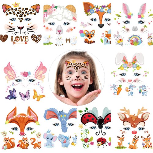 HOWAF 10 Sheets Kids Animal Face Tattoo for Birthday Party Favors, Water Transfer Butterfly Deer Bunny Leopard Squirrel Face Painting Temporary Tattoos for Boys Girls Festive Makeup Halloween Party