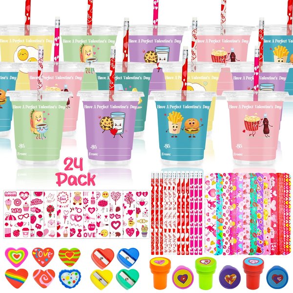 Valentines Day Gifts for Kids, 24 Packs Bulk Stationery Gift for School 192 Pcs Include Cards Pencil Cup Slap Bracelet Eraser Cup Stampers Valentine's Day Classroom Exchange Gifts Party Favors Toys