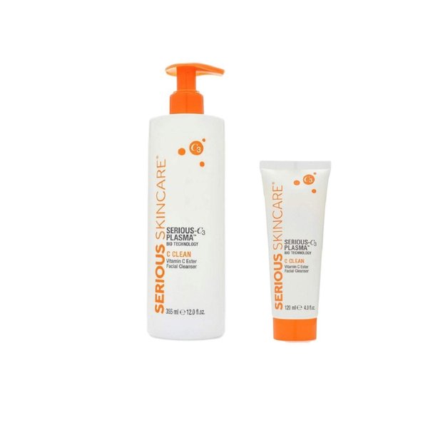 Serious Skincare Serious-C3 Plasma Vitamin C Facial Cleanser- Hydrating Face Wash with Hydrolyzed Collagen and Aloe - For Dry and Mature Skin (1) 12 oz. and (1) 4 oz.
