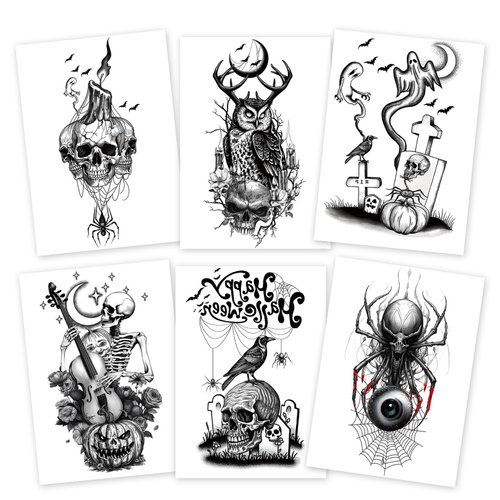 6-Pack Halloween Temporary Tattoo Stickers – 5.5 x 8.2 Inch – Skull, Spider, Owl, and Ghost Designs for Adults and Kids