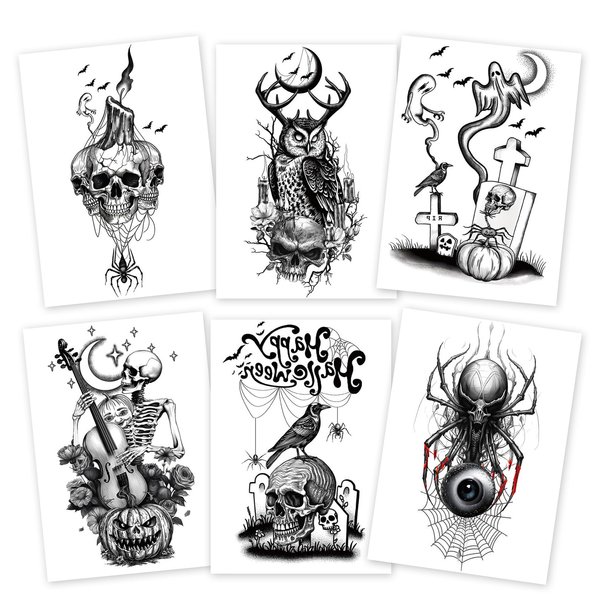 6-Pack Halloween Temporary Tattoo Stickers – 5.5 x 8.2 Inch – Skull, Spider, Owl, and Ghost Designs for Adults and Kids