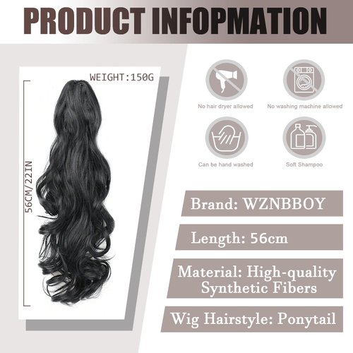 WZNBBOY Claw Clip Ponytail Extension Clip in Hair Extension Long Curly Wavy Pony Tail Natural Soft Synthetic Curly Hairpiece For Women (Black)