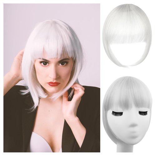 NAZOFCIH Silver Gray Clip on Bangs - 100% Human Hair Extensions, French Style Fake Bangs for Women, Thick Faux Bangs for Daily Wear