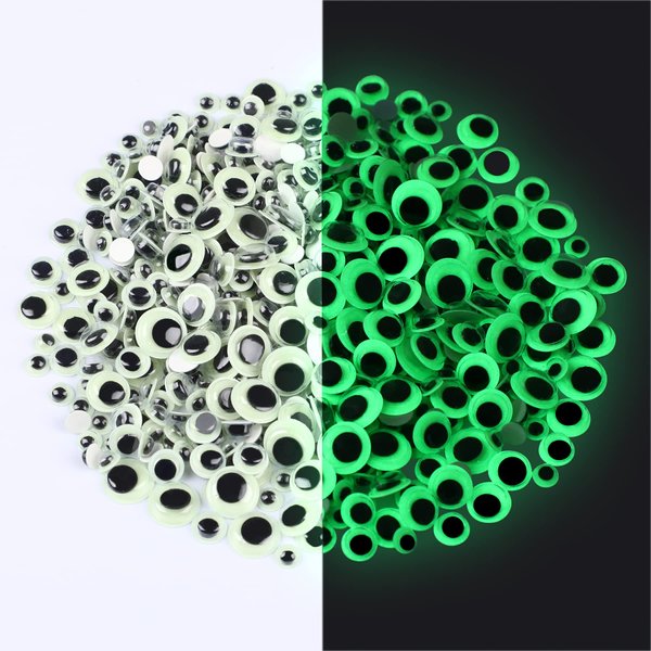 UPINS 500PCS Glow in The Dark Googly Wiggle Eyes Self Adhesive for Craft Luminous Sparkle Google Eyes for DIY Crafts Sticker Decoration 6mm 8mm 10mm 12mm