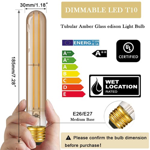NOVELUX 7.3 Inch 2200K Edison Bulbs Amber Dimmable,Vintage Style Decorative Antique Light Bulb,T10 Long Tubular LED Light Bulbs,6W E26 LED Bulb 60 Watt,UL Listed(6 Pack)