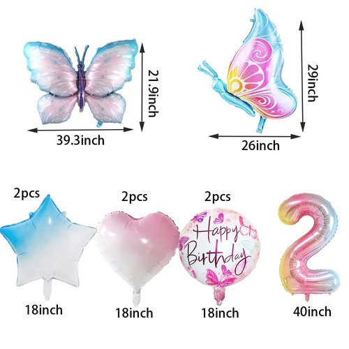 9Pcs Butterfly Balloons 2nd Birthday Decorations Gradient Colorful Butterfly Foil Balloons 2 Years Old Fairy Butterfly Theme Birthday Party Supplies Decor