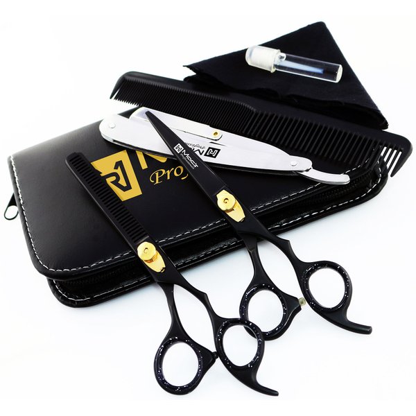 Macs Professional Black & Gold Plated Beauty full Double Tone Combination Razors Edge Barber Hair Cutting Scissor/Shear Set Made Of 440 Japanese Stainless Steel 6.5" -15043