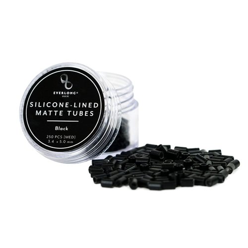 Silicone-Lined Matte Tubes By Everlong Hair | Professional 4-Layer Coated Beads Micro Links Rings | Made with Copper and Silicone Lining for I-Tip Remy Human Hair Extensions (250 pcs) (Black)