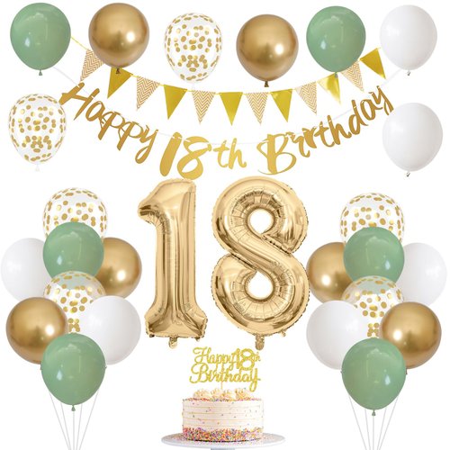 18th Birthday Decorations for Boys Girls, Happy 18th Birthday Banner with Birthday Cake Topper Number 18 Foil Balloon Sage Green White Gold Birthday Balloons for 18 Year Old Birthday Party Decoration