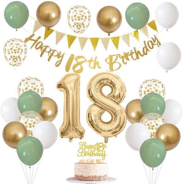 18th Birthday Decorations for Boys Girls, Happy 18th Birthday Banner with Birthday Cake Topper Number 18 Foil Balloon Sage Green White Gold Birthday Balloons for 18 Year Old Birthday Party Decoration