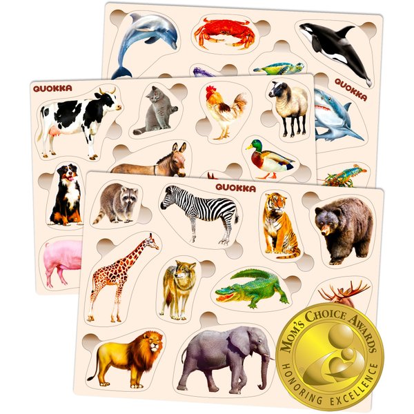 QUOKKA Wooden Puzzles for Toddlers 1-3 – 3xSET Toddler Puzzles AES 2-4 – Montessori Animal Toy Puzzles for Toddlers 3-5 Year Old – Wood Toy Learning Realistic Animals for Boy and Girl
