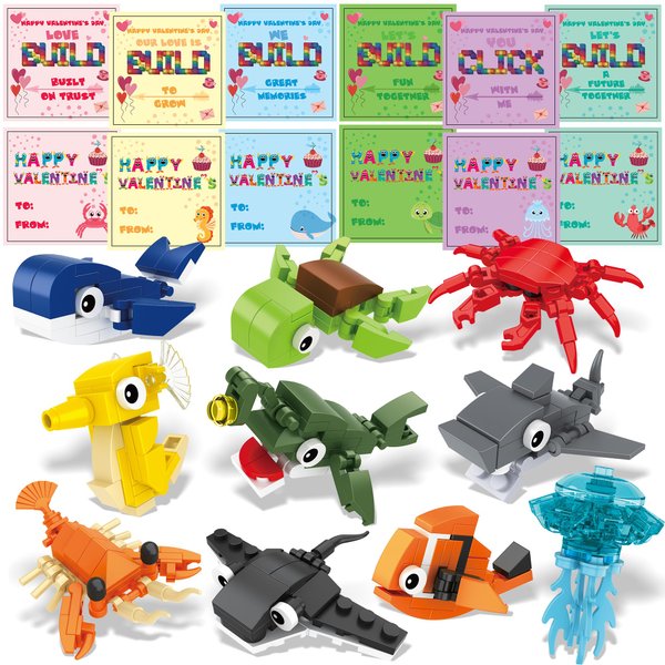 Building Block and Card, 30 Building Blocks and 30 Cards for Kids' Party Favors, Birthday Gifts, Classroom Prizes, and Holiday Goodie Bags, Ocean Animal