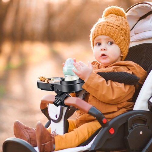 ZZM 2 in 1 Universal Stroller Snack Tray with Cup Holder, Snack Catcher and Drink Holder for Stroller Snack Tray Attachment - Upgraded Removable Clip for Bumper Bar of Stroller Tray for Baby