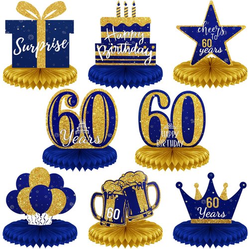 Spakon 8 Pieces Gold and Blue 60th Birthday Table Centerpieces, 60th Birthday Honeycomb Table Centerpieces, Cheers to 60th Birthday Table Decorations Sixty Years Birthday Party Supplies Decorations