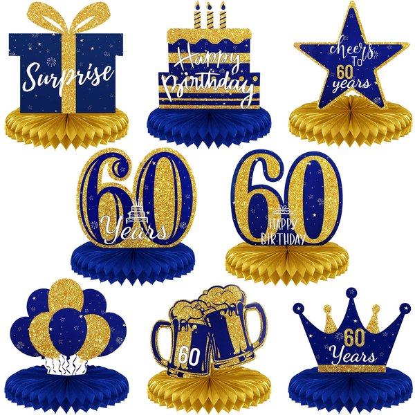 Spakon 8 Pieces Gold and Blue 60th Birthday Table Centerpieces, 60th Birthday Honeycomb Table Centerpieces, Cheers to 60th Birthday Table Decorations Sixty Years Birthday Party Supplies Decorations