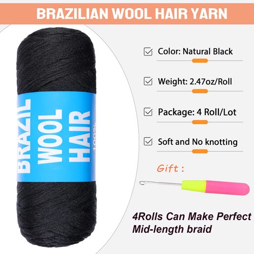 RuiYok 4 Pcs Natural Black Brazilian Wool Hair for Braiding Hair Acrylic Yarn Crochet Box Braids Senegalese Twist Jumbo Braids Faux Locs Crochet Hair for Women Synthetic Braiding Hair Extensions(#1B)