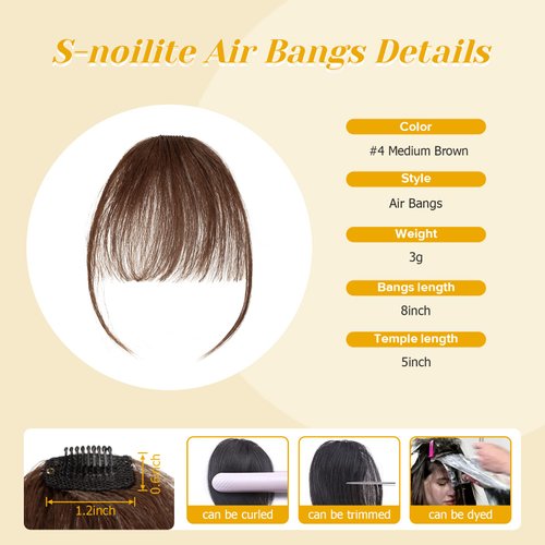 Clip in Bangs Hair Clip S-noilite Human Hair Bangs Hair Pieces for Women Air Bangs Fake Bangs #4 Medium Brown Bang 3g Faux Bangs Clip Human Hair（Air Bangs#4 Medium Brown）