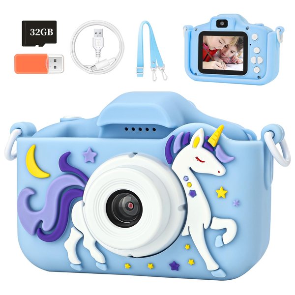 Knagsfa Kids Camera Toys for 3-12 Year Old Girls Boys,Children Digital Video Camcorder Camera with Cartoon Soft Silicone Cover, Best Birthday Festival Gift for Kids - 32G SD Card Included, Blue