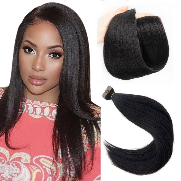 Yaki Straight Tape in Hair Extensions Human Hair 20 Inch Seamless Tape in Extensions Human Hair Double Sided Relaxed Straight Black Hair Extensions Tape in #1B Natural Color 50grams 20pcs
