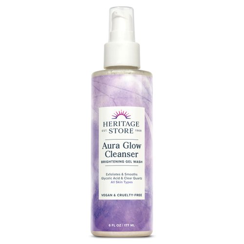 HERITAGE STORE Aura Glow Facial Cleanser, Brightening Wash for a Fresh Glow, All Skin Types, Revitalizing Gel Cleanser Exfoliates & Smooths with Glycolic Acid, Niacinamide & Clear Quartz, Vegan, 6oz