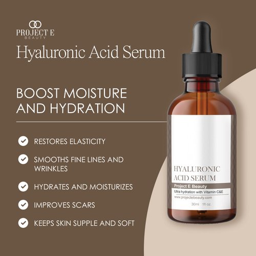 Hyaluronic Acid Serum by Project E Beauty | Anti-Aging Serum for the Face & Eyes | Plumping & Hydrating Facial Skin Care | Removes Dark Spots & Wrinkles | Vitamin C & E| Whiteing | For Dry Skin | 1oz…
