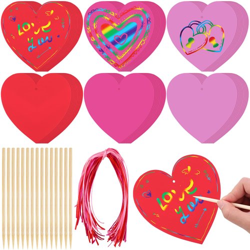 Liliful 60 Pcs Valentine's Day Crafts Valentines Heart Scratch Paper Ornaments Scratch Craft Art Rainbow Colorful Valentine DIY Cards Decorations for Home Activities Party Favors Gift