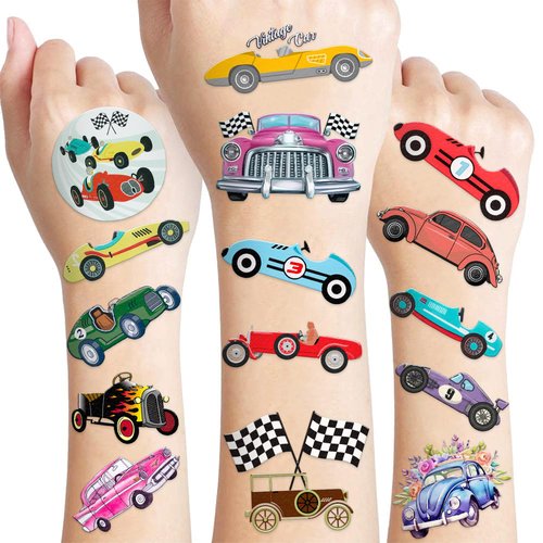 119 PCS Classic Vintage Race Car Temporary Tattoos Sticker for Kids Race Car Themed Birthday Party Decorations Supplies Favors Gifts Boys Girls Men Women Retro Cute Fake Tattoo School Prizes Carnival