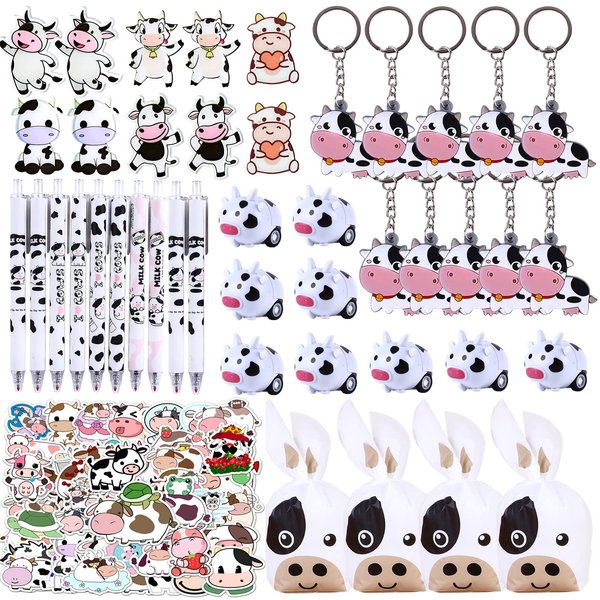 JOYMEMO 100 Pcs Cow Party Favors Supplies for Boys Girls, Include Keychains Stickers Cow Treat Goodie Bags Pens, Cow Theme Birthday Baby Shower Party Farmhouse Decorations