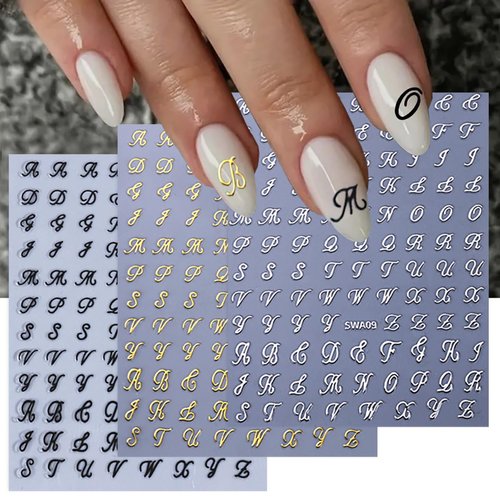 8 Sheets Retro English Letters Nail Stickers for Nail Art - Black White Gold Silver Retro English Nail Art Decals 3D Self-Adhesive Letter Nail Sticker for Nail Art Decoration Nail Supplies for Women