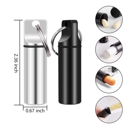 2 Pack Small Pocket Pill Box Keychain, Portable Mini Aluminium Alloy Pill Organizer Case Container for Purse, Waterproof Metal Pill Holder Medicine Bottle for Outdoor Camping Travel (Black & White)1