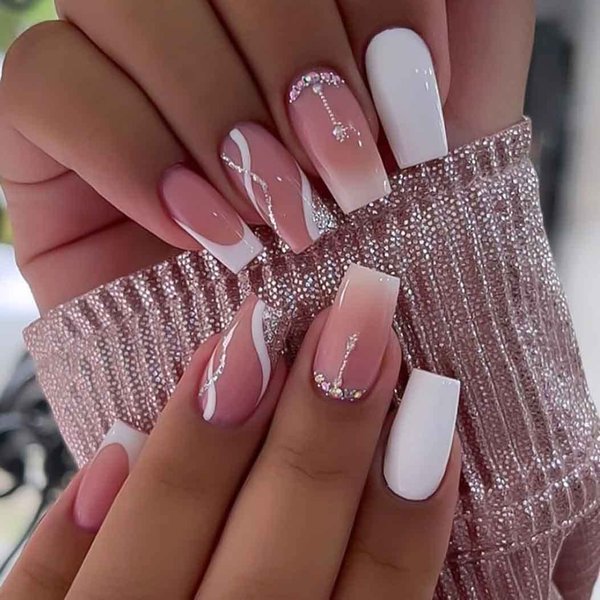 RikView Brand White Long Coffin Acrylic Press-on Nails, 24 PCS Ballerina Shaped, Glossy Finish, Full Well Tips, French Tips for Women and Girls