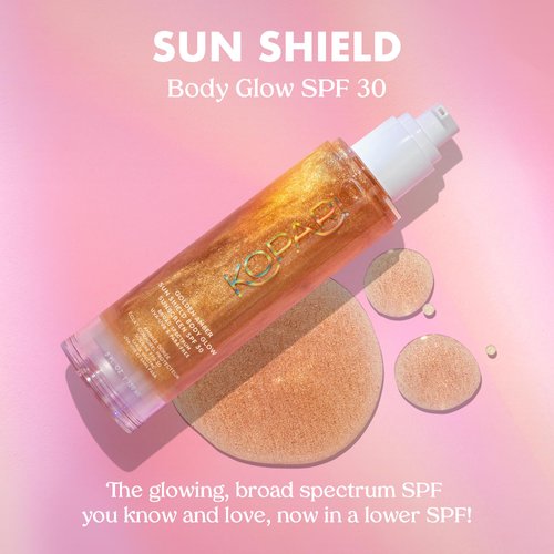 Kopari Sun Shield Body Glow - SPF 30 UV Protection Sheer Sunscreen Golden Amber - Sweat and Water Resistant - Antioxidant Vitamin E Vegan Cruelty Free - Macadamia Hibiscus Avocado Coconut Oils 5oz