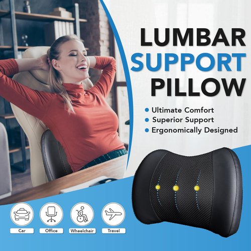 Lumbar Support Pillow: Memory Foam Lumbar Pillow for Lower Back Pain Relief - Car Back Cushion for Driving - Lumbar Support for Car-Office Chair, Wheelchair - Black