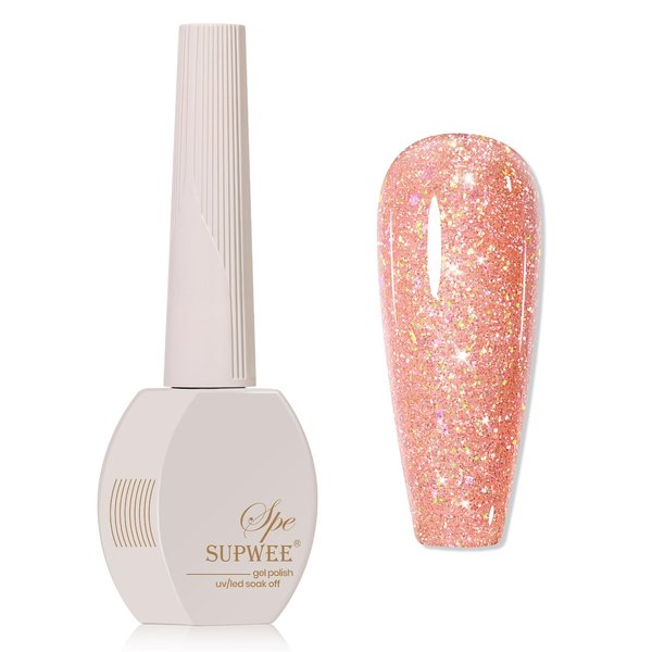 SUPWEE Glitter Gel Polish Sparkly Holographic Nail Polish Gel Rose Gold Reflective Gel Polish 15ml Soak Off UV Lamp Gel for Home DIY Manicure