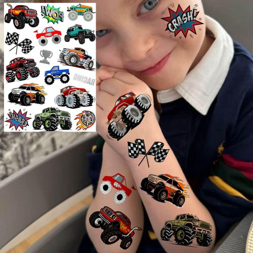 61+ PCS Monster Truck Temporary Tattoos For Kids Boys Girls, Groovy Flash Glitter Silver Metallic Fake Tattoo Sticker, Cartoon Racing Car Flames Trophy Face Tattoo Party Supplies Goodie Bags Stuffers