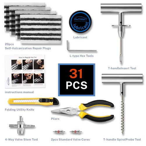 AUTOWN Flat Tire Repair Kit with Plugs 31 Pcs for Car, Motorcycle, ATV, Jeep, Truck, Tractor Flat Tire Puncture Repair…