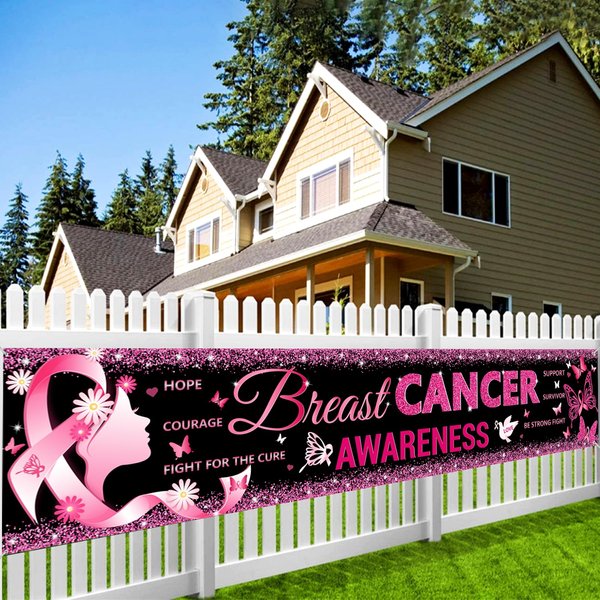 Breast Cancer Banner, Breast Cancer Awareness Decorations Yard Banner Outdoor Decorations For Breast Cancer, Breast Cancer Awareness Banner Breast Cancer Awareness Backdrop for Women Girls