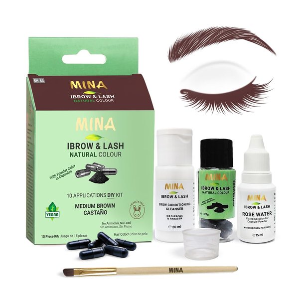 Mina ibrow & Lash Tint kit Medium Brown| Natural Spot coloring and Brow Tinting Kit Powder in Capsule, Water and Smudge Proof | Instant Brow dye, No Ammonia, No Lead