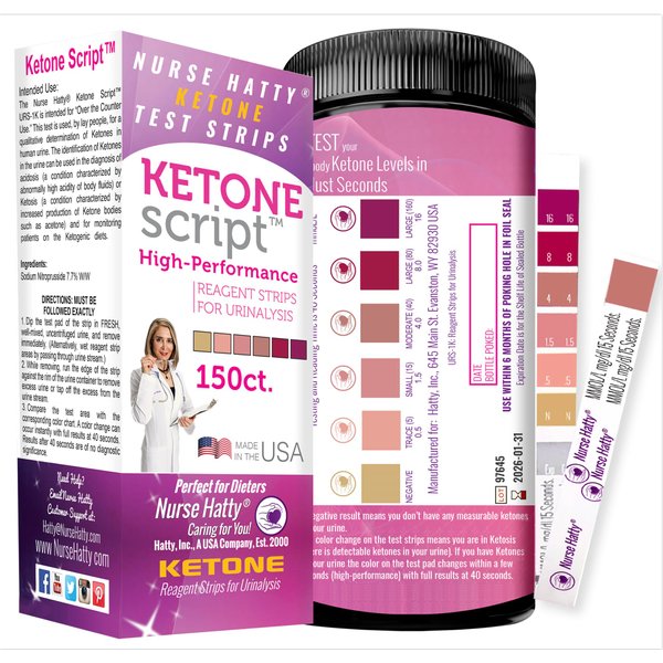 Nurse Hatty - 150 Ketone Test Strips w Built-in Color Chart – Free Keto Guide eBook & Free App - Made-in-The-USA - Urine Test for Ketogenic, Ketosis, Low Carb, Atkins & Paleo Diets - Extra Long Strips