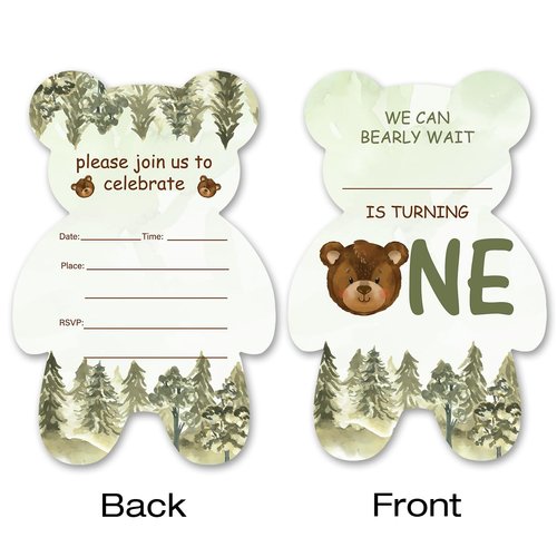 brayqu Bear Boy 1st Birthday Party Invitations Forest Bear First Birthday Party Bear Shaped Invitations Fill-in 1 Year Old Invites (20 Invitations with Envelopes)