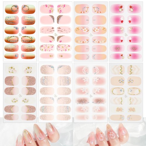 8 Sheets Flower Nail Stickers Full Nail Wraps Decals 3D Self Adhesive Flowers Nail Decals Design Gel Nail Strips Supply Spring Flowers Floral Nail Wraps for Women DIY Manicure Nail Art Decoration