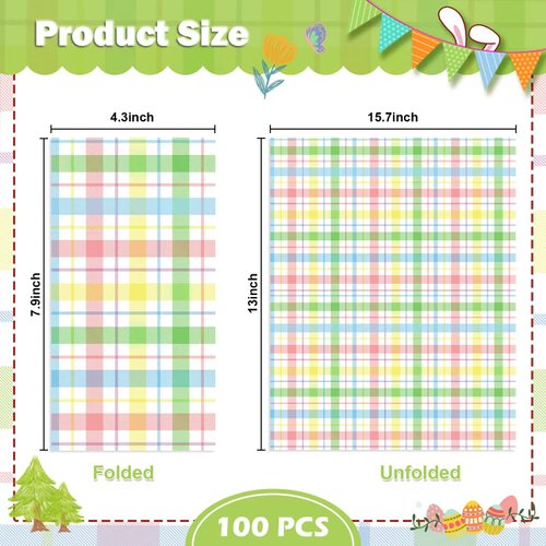 100Pcs Easter Buffalo Plaid Checkered Napkins Decorations,Disposable Spring Pink Blue Yellow Pastel Dinner Hand Paper Napkin for Home Bathroom Wedding Baby Shower Picnic Easter Birthday Party Supplies