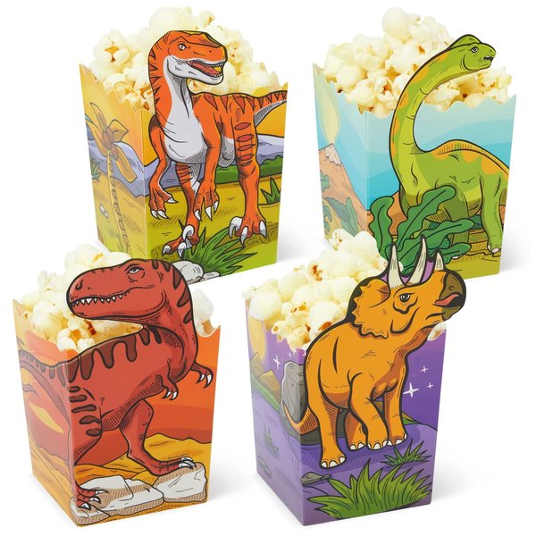 BLUE PANDA 60 Pack Dinosaur Popcorn Boxes for Candy, Snacks, Kid's Birthday Party Supplies (4 Dino-Themed Designs)