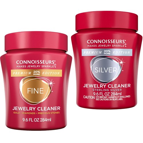 CONNOISSEURS Premium Edition Gold and Silver Jewelry Cleaning Kit, Value Size - 2 Jars, 1 Fine Jewelry Cleaner 9.6oz, 1 Silver Jewelry Cleaner 9.6oz