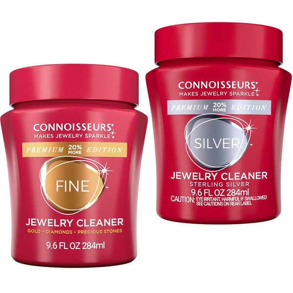 CONNOISSEURS Premium Edition Gold and Silver Jewelry Cleaning Kit, Value Size - 2 Jars, 1 Fine Jewelry Cleaner 9.6oz, 1 Silver Jewelry Cleaner 9.6oz