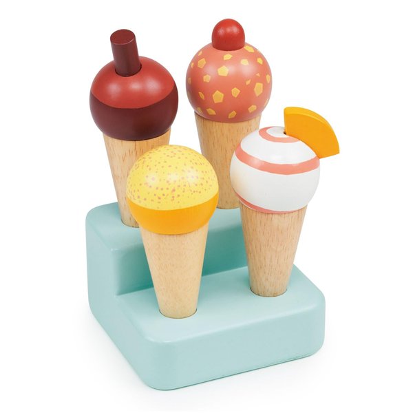 Mentari Toys - Sunny Gelato Stand - 5pc Wooden Ice Cream Gelato Play Food Set with Base - Pretend Play Food Accessories - Encourages Role Play and Develops Social Skills - Gift for Toddlers - Age 2+